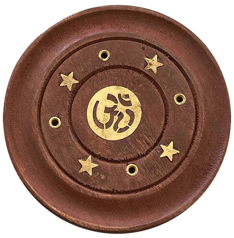 Round Wooden Om Sacred Symbol Incense Holder