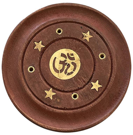 Round Wooden Om Sacred Symbol Incense Holder