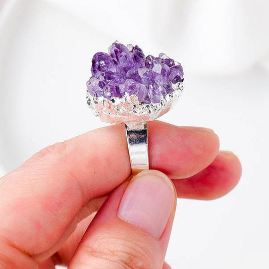 Natural Amethyst Gem Ring with Silver Frame
